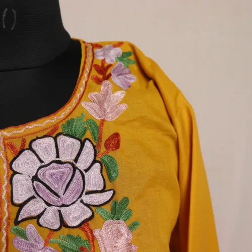 Kashmiri yellow Summer Cool Cotton Kurta with Aari Embroidery 2