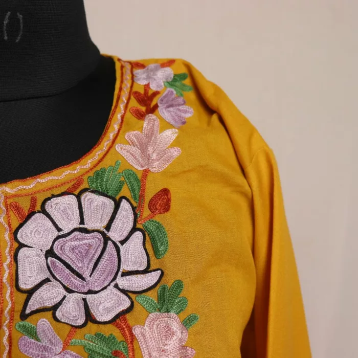 Kashmiri yellow Summer Cool Cotton Kurta with Aari Embroidery 2 jpg