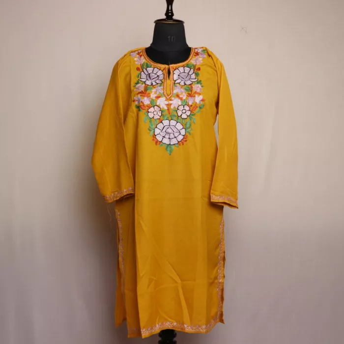 Kashmiri yellow Summer Cool Cotton Kurta with Aari Embroidery 23X41 jpg