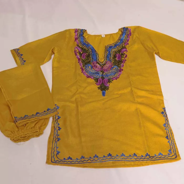 Yellow Purple Abshar Kashmiri Embroidery Girl Summer Kurta With Trousers (3-4 y)