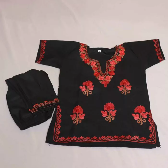 Black Wazul Booti Abshar Kashmiri Embroidery Girl Summer Kurta With Trousers (6-12 months)