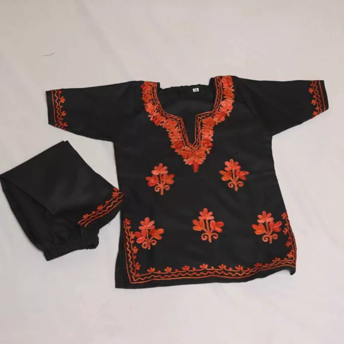 Black Booti Ayat Kashmiri Embroidery Girl Summer Kurta With Trousers (6-12 months)