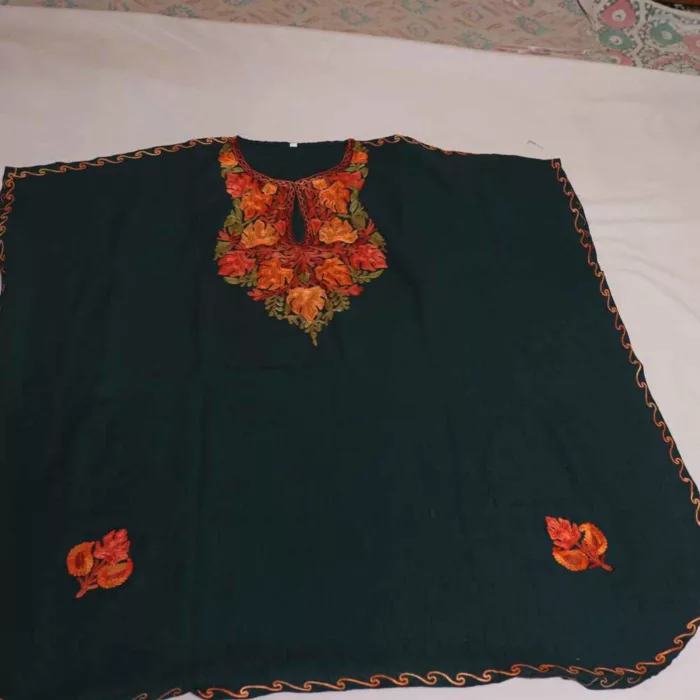 Green Chinari Girls Crush Cotton Kaftan for Summer With Kashmiri Embroidery