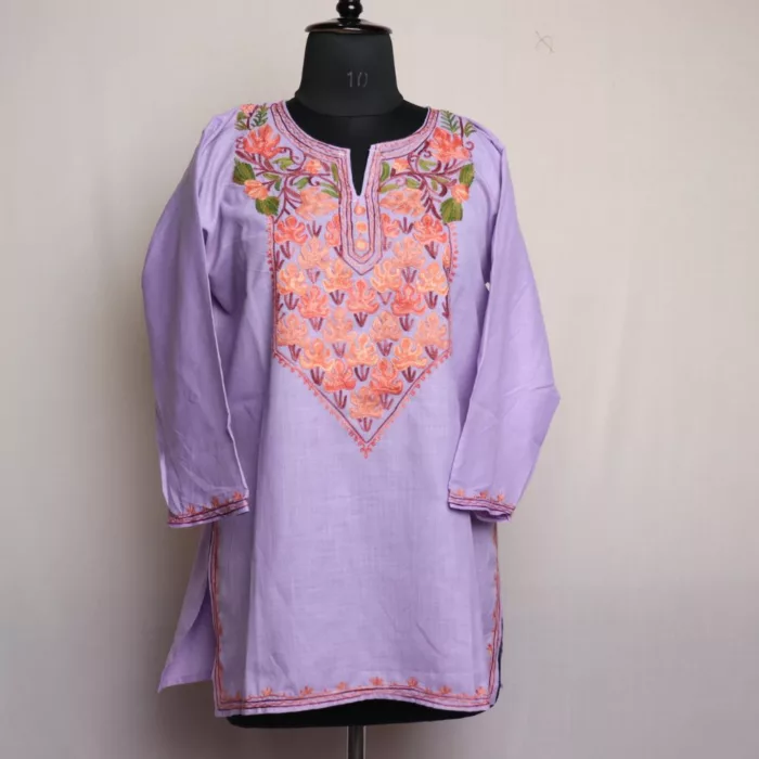 Lavendar Short Kashmiri Cotton Kurti with Aari Embroidery 1 jpg