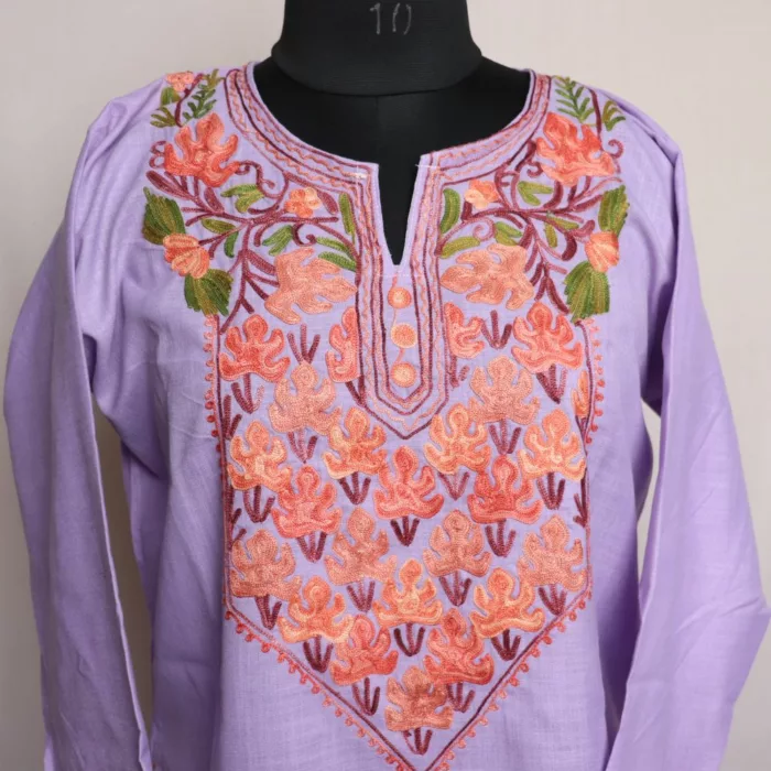 Lavendar Short Kashmiri Cotton Kurti with Aari Embroidery 2 jpg