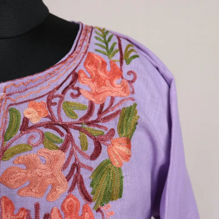 Lavendar Short Kashmiri Cotton Kurti with Aari Embroidery 3 jpg