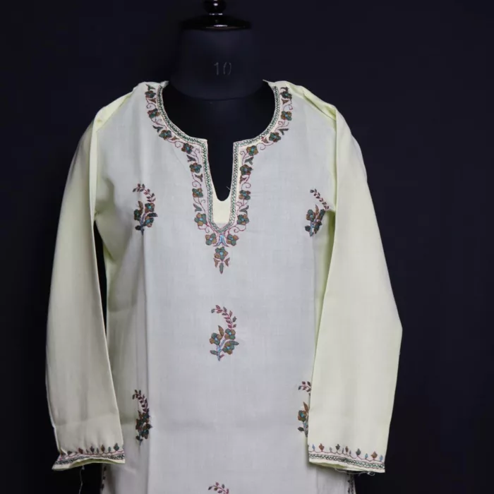 Light Yellow Summer Cool Cotton Kurta with Sozni Handwork 2 jpg