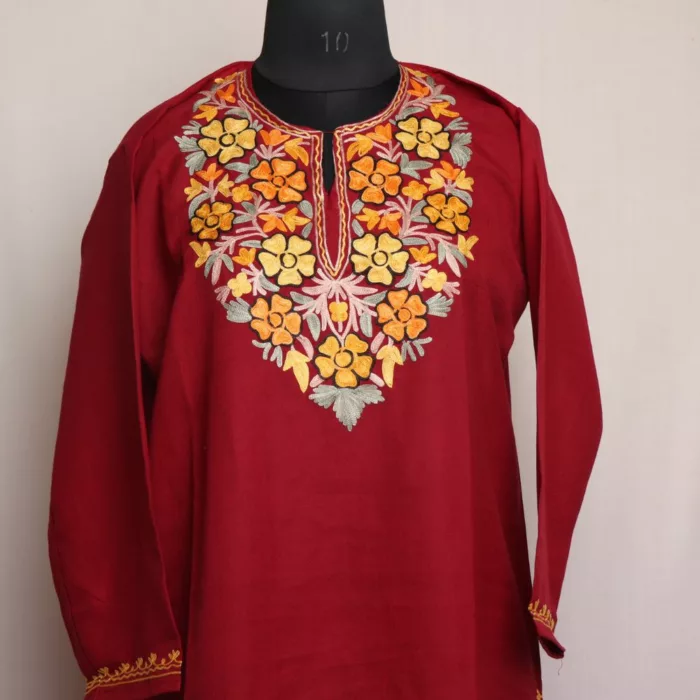 Maroon Kashmiri Summer Cool Cotton Kurta with Aari Embroidery 2 jpg