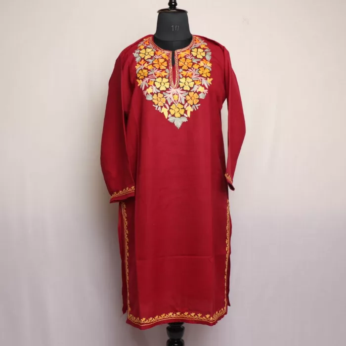 Maroon Kashmiri Summer Cool Cotton Kurta with Aari Embroidery jpg