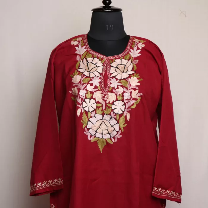 Maroon Summer Cotton Short Kashmiri Cotton Kurti with Aari Embroidery 1 jpg