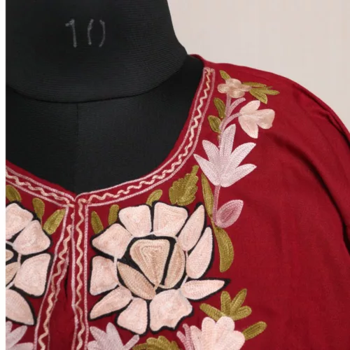 Maroon Summer Cotton Short Kashmiri Cotton Kurti with Aari Embroidery 2