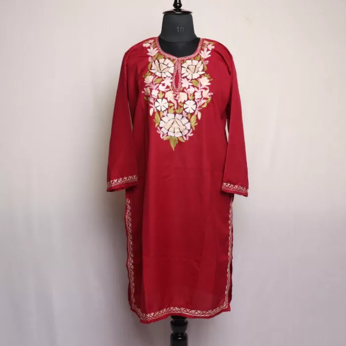 Maroon Summer Cotton Short Kashmiri Cotton Kurti with Aari Embroidery 23X41 jpg