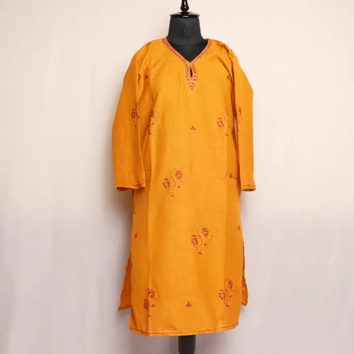 Mustard Kashmiri Cotton Kurta with Sozni Handwork