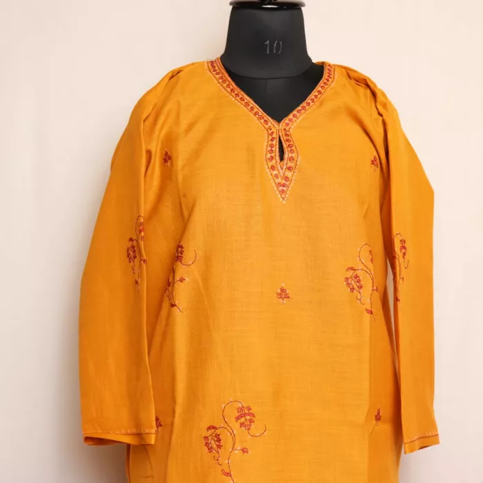 Mustard Kashmiri Cotton Kurta with Sozni Handwork - Image 2