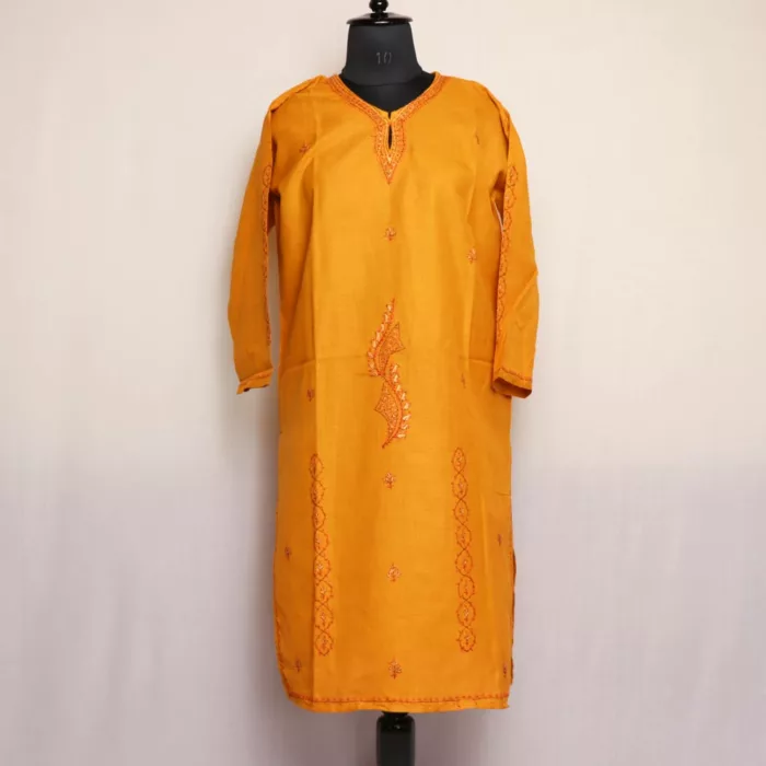 Mustard Yellow Sozni Handwork Cotton Kurta 1 jpg