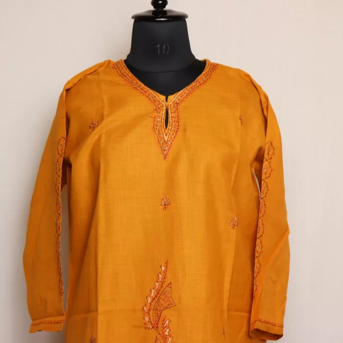 Mustard Yellow Sozni Handwork Cotton Kurta 2 jpg