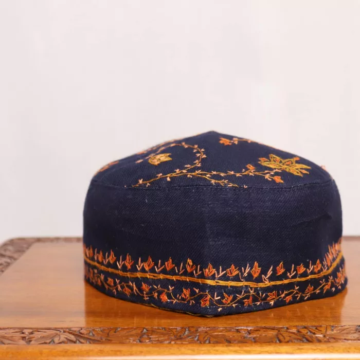 Navy Blue Sozni Cap with Orange Embroidery 1 jpg