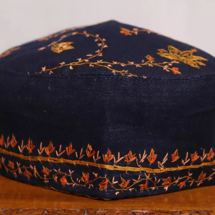 Navy Blue Sozni Cap with Orange Embroidery 2 jpg