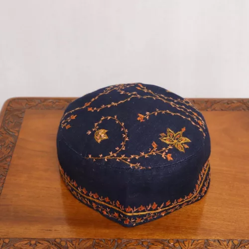 Navy Blue Sozni Cap with Orange Embroidery 3