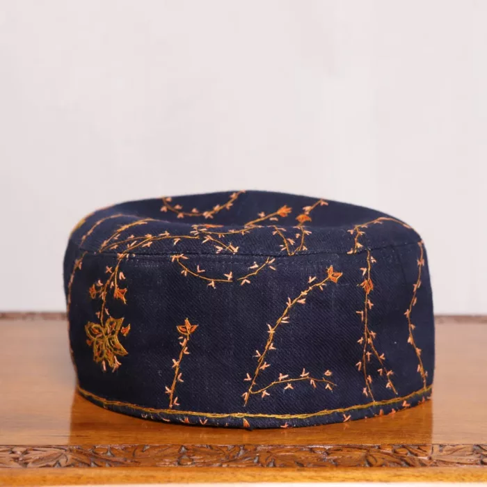 Navy Blue Sozni Cap with Yellow Embroidery 1 jpg