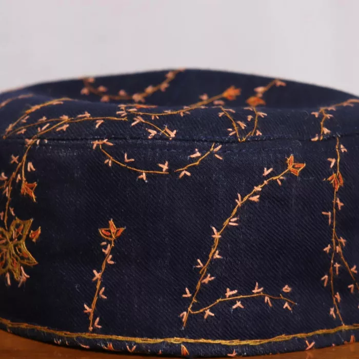 Navy Blue Sozni Cap with Yellow Embroidery 2 jpg