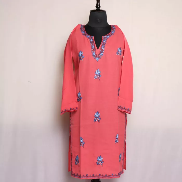 Pink Summer Cotton Kurta with Kashmiri Sozni Handwork 1 jpg