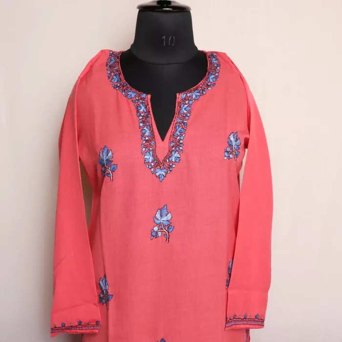 Pink Summer Cotton Kurta with Kashmiri Sozni Handwork 2 jpg