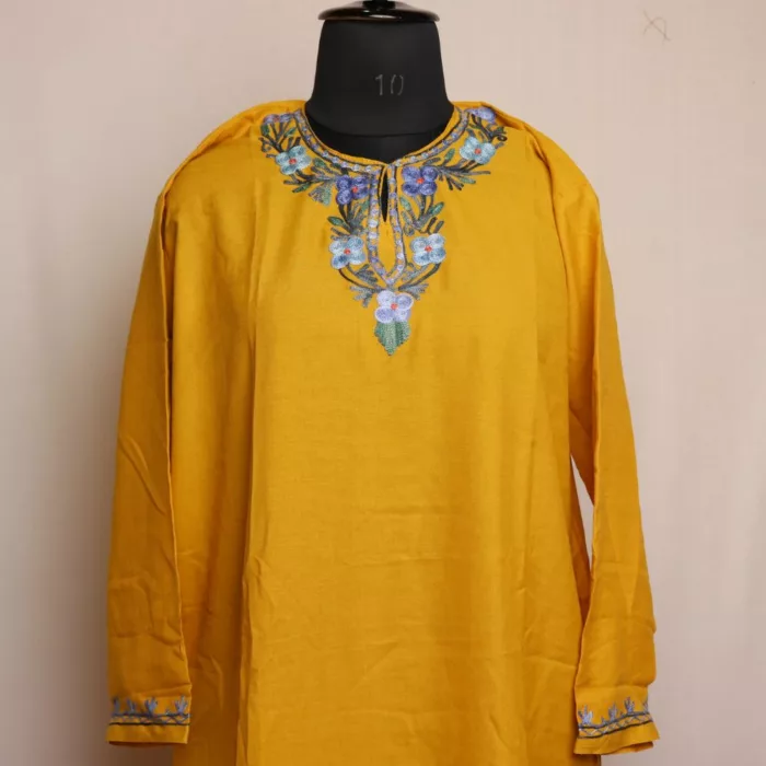 Pure Yellow Summer Cool Cotton Kurta with Aari Embroidery 2 jpg