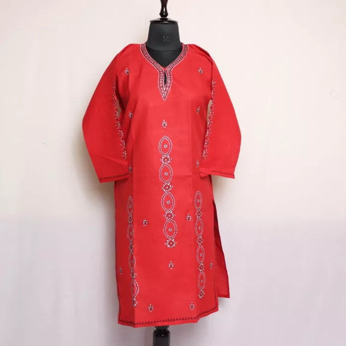 Red Kashmiri Sozni Embroidered Cotton Kurta 1 jpg