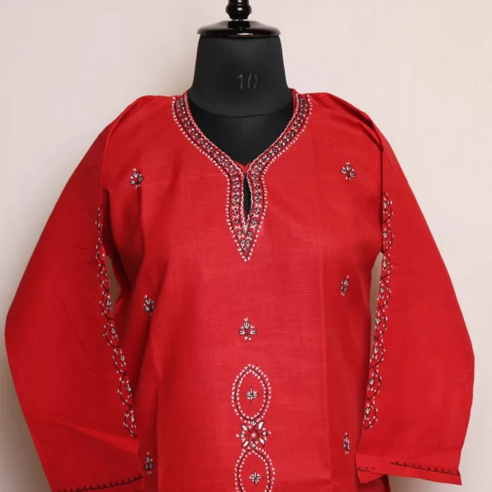 Red Kashmiri Sozni Embroidered Cotton Kurta 2 jpg