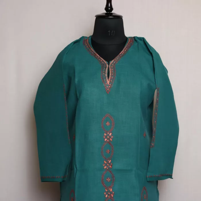 Sabiz Green Kashmiri Cotton Kurta with Sozni Embroidery 2 jpg