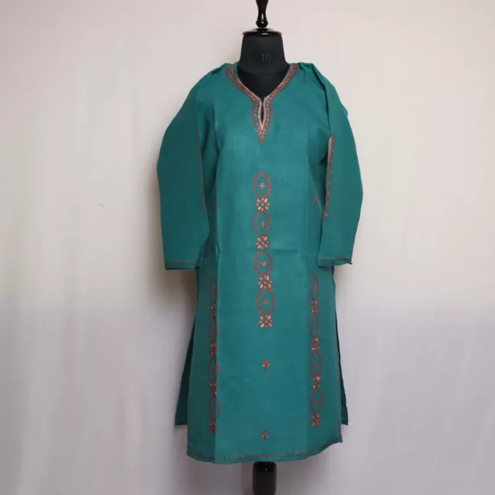 Sabiz Green Kashmiri Cotton Kurta with Sozni Embroidery jpg