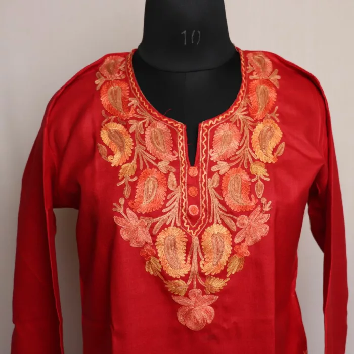 Wazul Red Short Kashmiri Cotton Kurti with Aari Embroidery 2 jpg