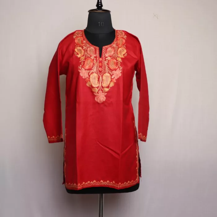 Wazul Red Short Kashmiri Cotton Kurti with Aari Embroidery jpg