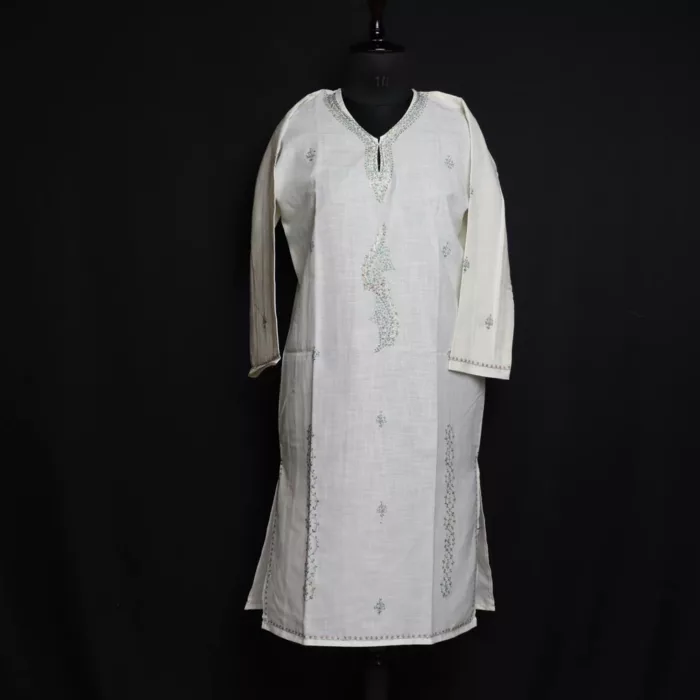 White Kashmiri Summer Cotton Kurta with Sozni Handwork 1 jpg