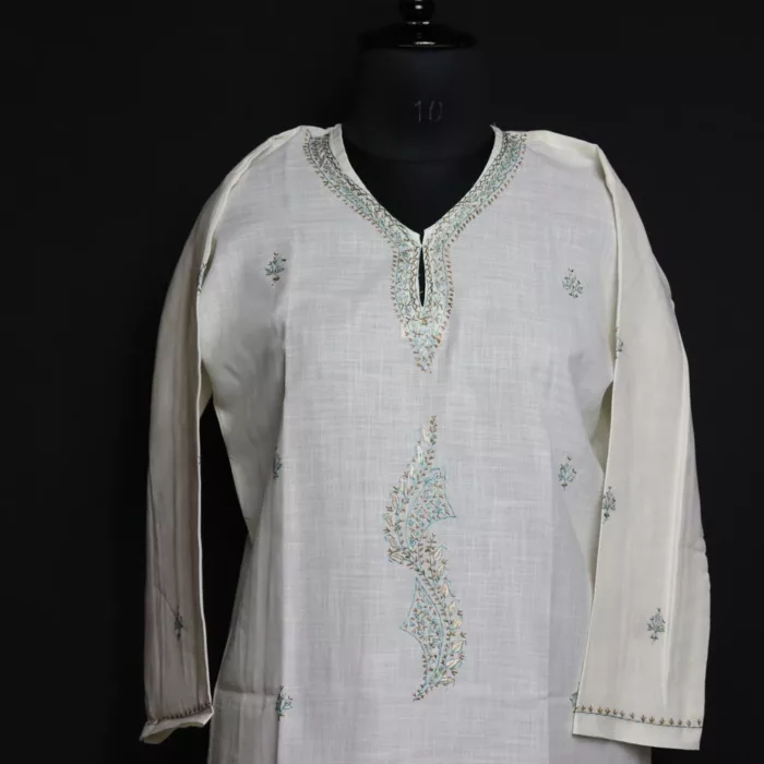 White Kashmiri Summer Cotton Kurta with Sozni Handwork 2 jpg