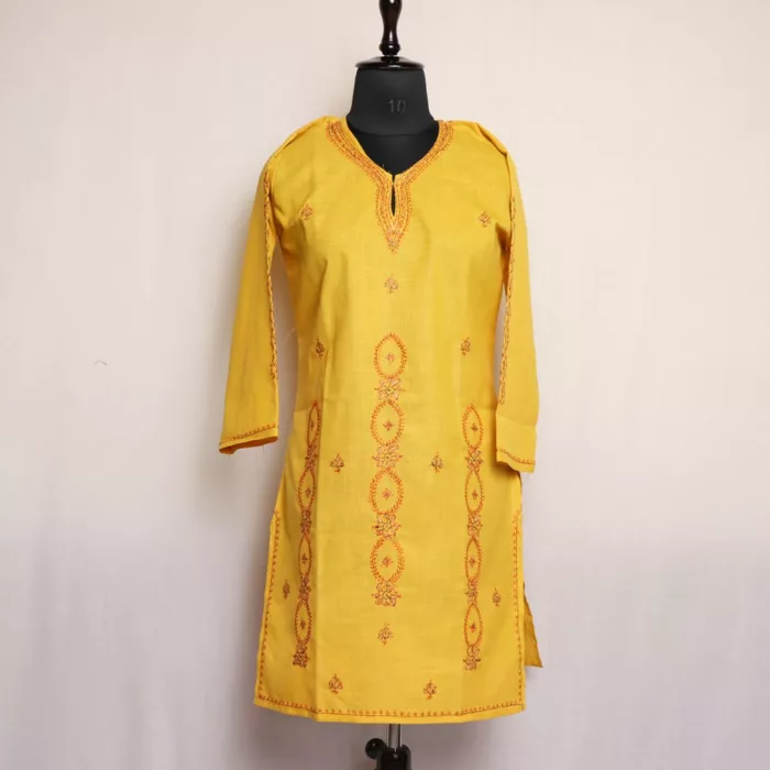 Yellow Kashmiri Ruby Cotton Kurta with Sozni Handwork 1 jpg