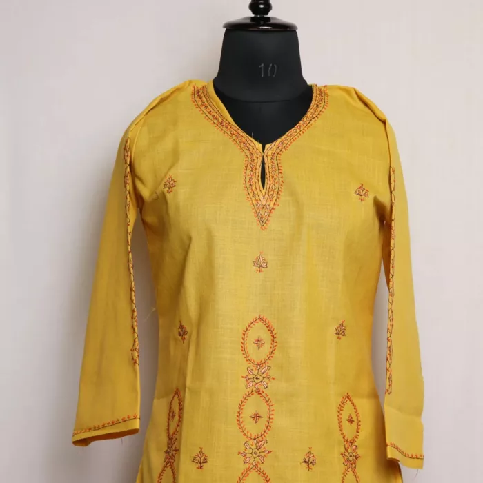 Yellow Kashmiri Ruby Cotton Kurta with Sozni Handwork 2 jpg