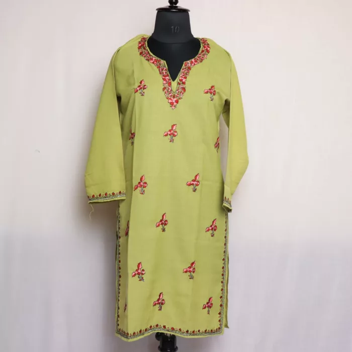 Zafar Green Summer Cotton Kurta with Kashmiri Sozni Handwork 1 jpg