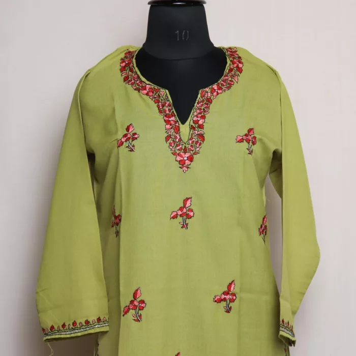 Zafar Green Summer Cotton Kurta with Kashmiri Sozni Handwork 2 jpg