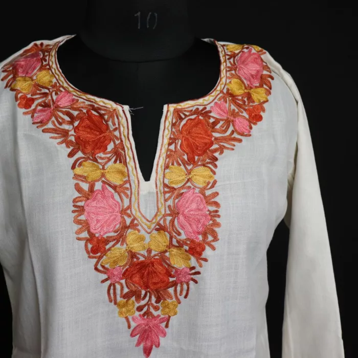 Zoon White Short Ruby Cotton Kurta with Aari Embroidery 1 jpg