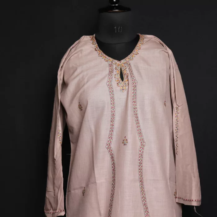 Beige Kashmiri Sozni Handwork Cotton Kurta - Image 2