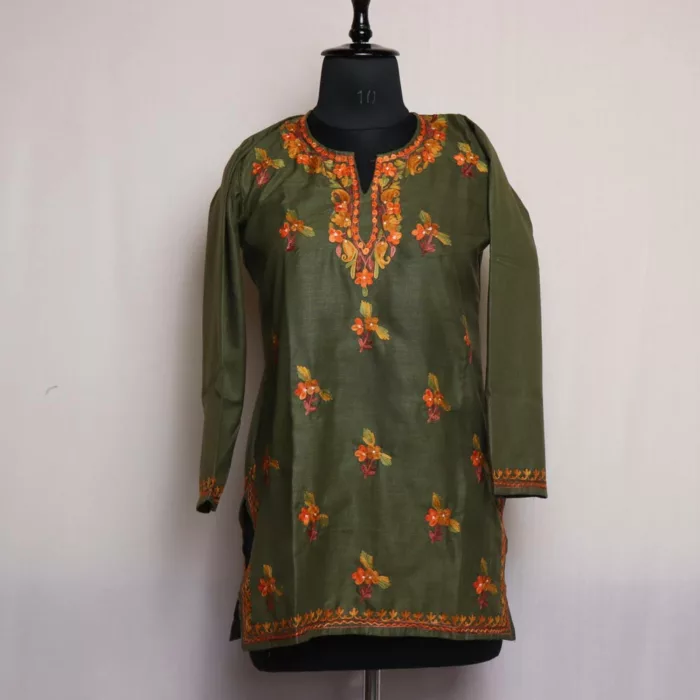 Dark Green Short Ruby Cotton Kurta with Boti Aari Embroidery