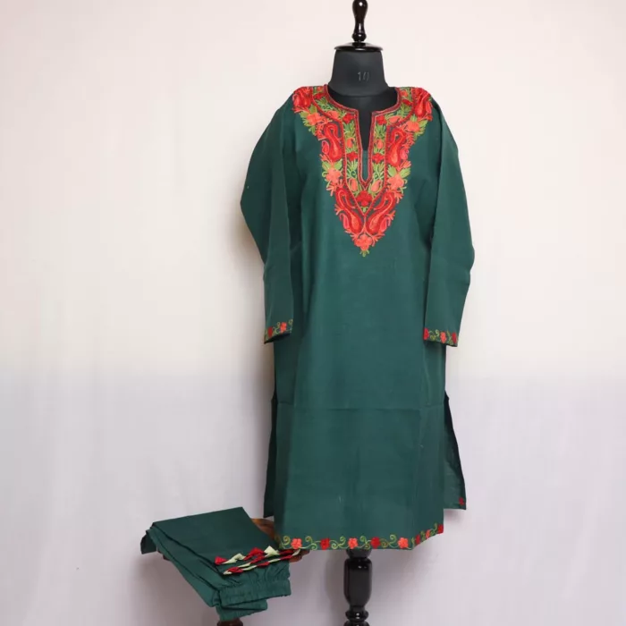 Dark Green Cotton Aari Kashmiri Co-ord Set | Kurta set | Stitched Suit | Readymade Suit Set