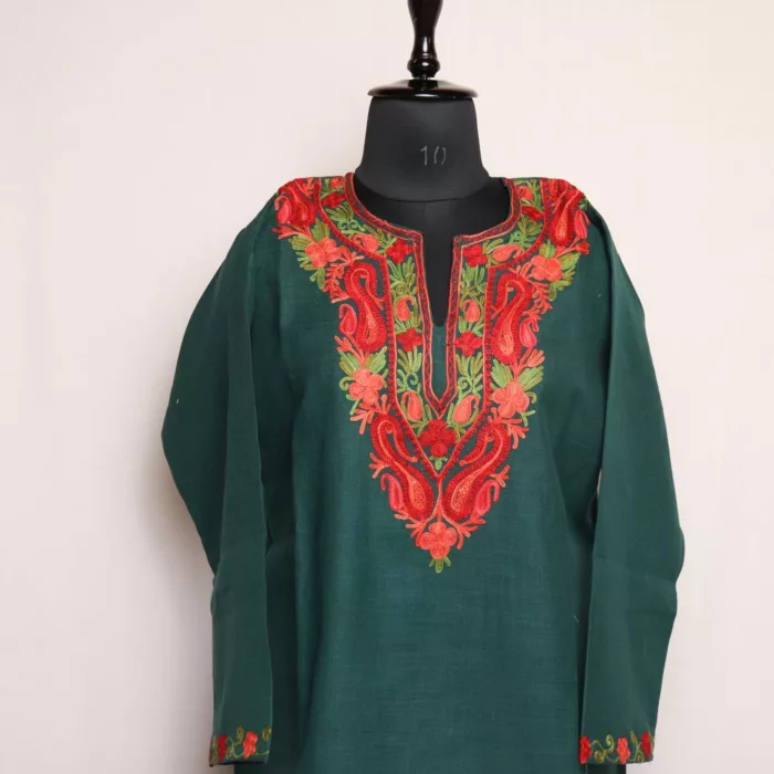 Dark Green Cotton Aari Kashmiri Co-ord Set | Kurta set | Stitched Suit | Readymade Suit Set - Image 3