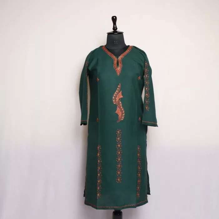 Dark Green Kashmiri Sozni Handwork Cotton Kurta