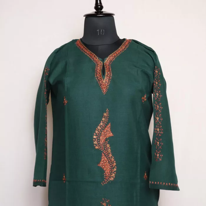 Dark Green Kashmiri Sozni Handwork Cotton Kurta - Image 2