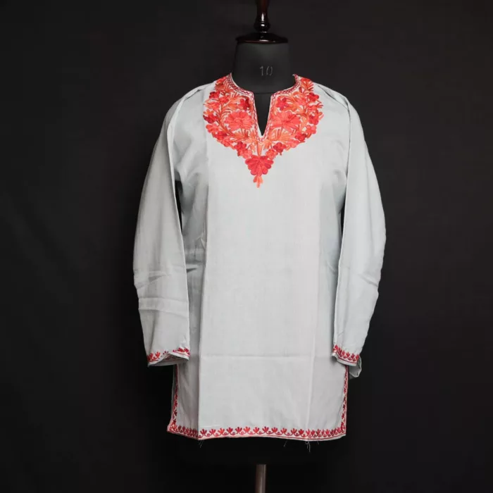 Kashmir Summer Kurti - Grey Short Cotton with Aari Embroidery