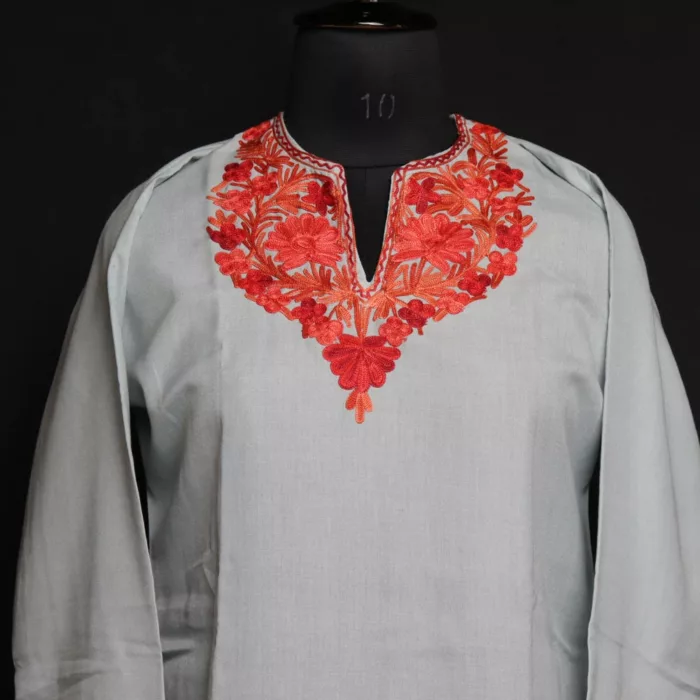 Kashmir Summer Kurti - Grey Short Cotton with Aari Embroidery - Image 2