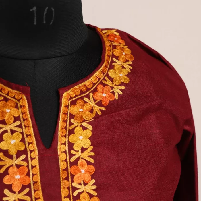 Kashmiri Kurti - Maroon Short Ruby Cotton with Heavy Arm Aari Embroidery - Image 3